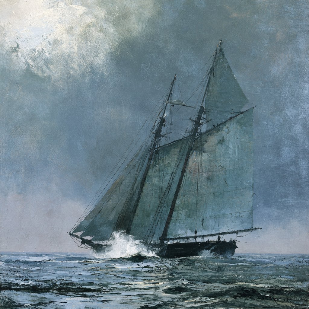 A Baltimore-style schooner running under full sail across a grey sea