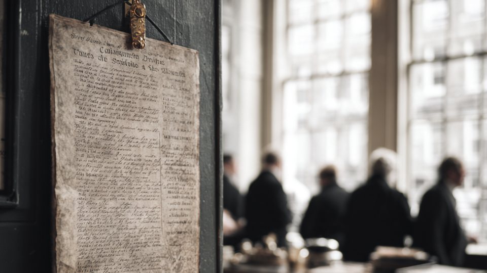 A printed proclamation hanging in a coffee house as merchants talk in the background
